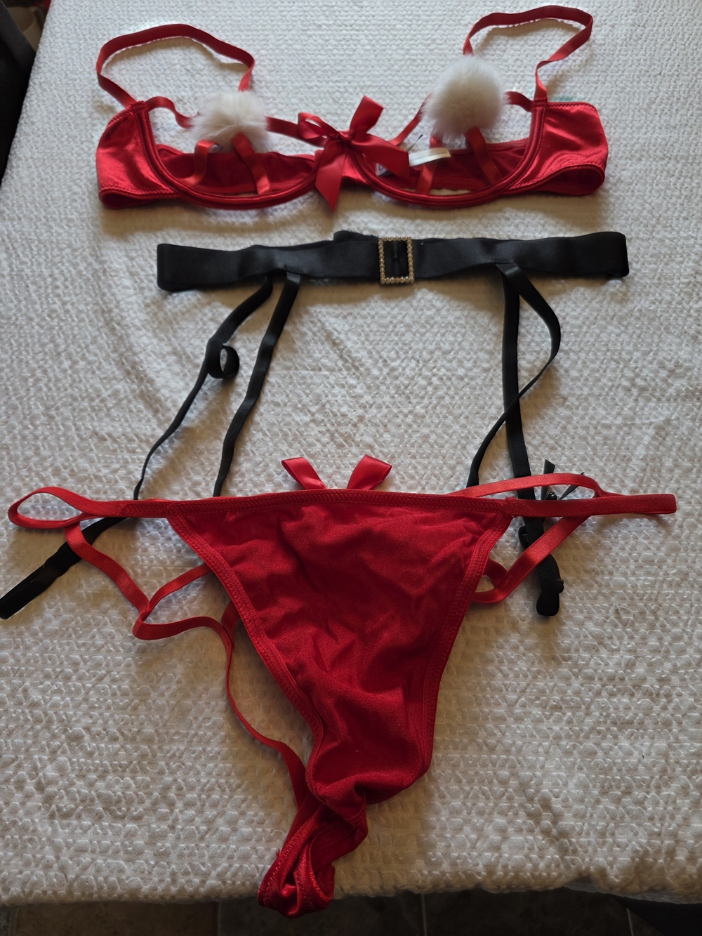 Yandy Red Satin Underwire Bra & Thong Set with Pom Accents and Black Garter nwot